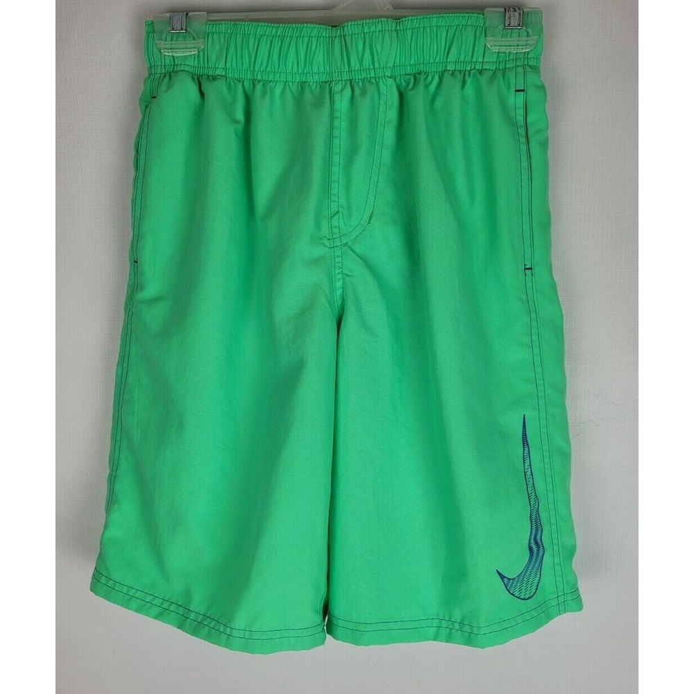 Nike Boys Size Large Green Blue Big Swoosh Volley Swim Drawstring Pocket Trunks